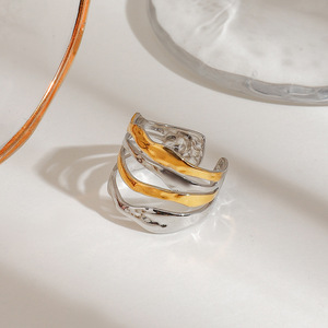 Geometric Multi Layered Adjustable <b>Open</b> <b>Ring</b> Gold Silver Color Blocking Unisex Fashion Jewelry - Product Image 2