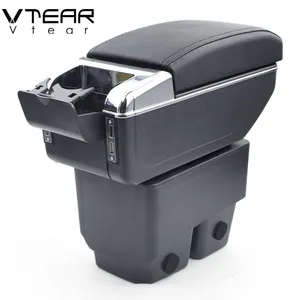 Vtear For Ford Fiesta 3 MK7 扶手皮革 USB 接口储物盒红色线程汽车造型内饰 ABS 手臂其他配件