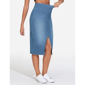 Jupe mi-longue en jean extensible à taille haute pour femme FOXA avec fente avant et poches, silhouette crayon - Product Image 2
