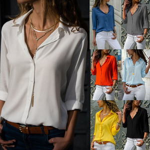 Áo Kiểu OL Thường Ngày Áo Kiểu Công Sở Có Cúc Cổ Chữ V Thời Trang Mùa Thu Cho Nữ Áo Kiểu Voan Nữ 8 Màu - Product Image 1