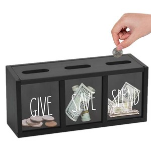 Caja de madera rectangular negra para ahorrar, guardar y gastar monedas y billetes, organizador de escritorio para niños de 5 a 7 años. - Product Image 3