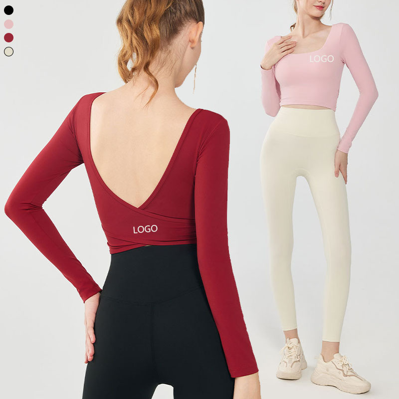XW-MZ-214 Long Sleeve Training Fitness Sports Women's Blouses Backless Sportswear Gym Top U Neck Chest Pad Sports Yoga Top
