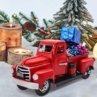 2025 Décor de camion de Noël de ferme-Boîtes cadeaux de voiture mignonnes en métal rouge-Vintage artisanal avec mini arbres de Noël avec de la poudre de neige