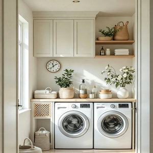 Ensemble <span class=keywords><strong>de</strong></span> meubles <span class=keywords><strong>de</strong></span> buanderie en bois encastrés <span class=keywords><strong>de</strong></span> luxe |   Meuble <span class=keywords><strong>de</strong></span> rangement compact <span class=keywords><strong>pour</strong></span> lave-linge et sèche-linge avec portes à fermeture douce <span class=keywords><strong>pour</strong></span> maisons modernes et utilisation extérieure - Product Image 1