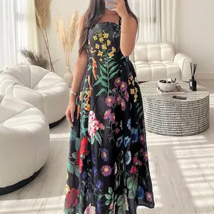 LE1470 Neues Neckholder-Freizeit kleid mit Blumen druck Elegantes Ende Schwerer Nagel bohrer Rücken loser Reiß verschluss Midi Boutique Damen kleider