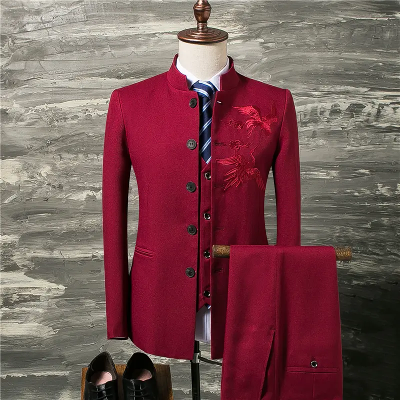 Bộ đồ mùa thu phong cách Trung Quốc M-5XL Bộ đồ tang phù hợp với cần cẩu nam thêu cổ áo đứng trung sơn phù hợp với bộ ba mảnh