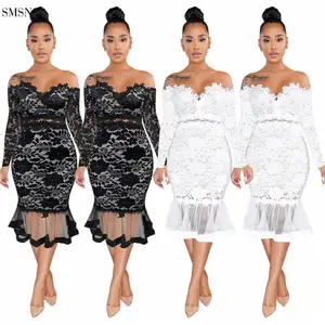 Queen Moen New Arrival 2021 Herbst Frauen Kleid Off Shoulder Langarm Sexy Lace Club Meerjungfrau Midi Party Kleid