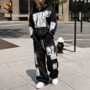Custom Streetwear Acid Wash Hoodie <b>Set</b> Men Print Embroidery Men <b>Set</b> Vintage Heavyweight Cotton Zipper Hoodie and <b>Sweatpants</b> <b>Set</b> - Product Image 2