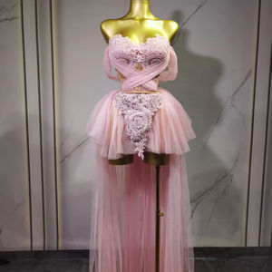 女性性感无肩带粉色网眼两件套舞会礼服庆祝生日夜总会派对歌手舞台表演服装 - Product Image 1