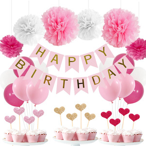 Kit de Fiesta de Cumpleaños Rosa EASTTERN, Decoración Infantil con Globos de Papel Resistentes, Guirnaldas, <span class=keywords><strong>Corazones</strong></span> Brillantes y Adornos para Pastel, Precio de Fábrica - Product Image 1