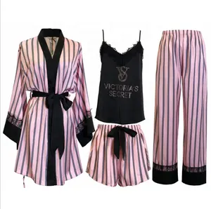 Womens 4 Piece Silk Satin Pajama Sets Srtipe Print Long Sleeve Robe With Cami Short Satin Pj Set Vs Pjs Women Night Sleepwear