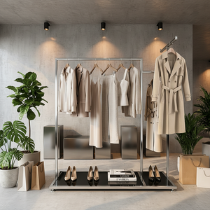 Moderno Perchero <span class=keywords><strong>de</strong></span> <span class=keywords><strong>Ropa</strong></span> Asimétrico <span class=keywords><strong>de</strong></span> Acero Inoxidable con Estante Negro para Exhibición en Boutiques y Tiendas Minoristas - Product Image 1