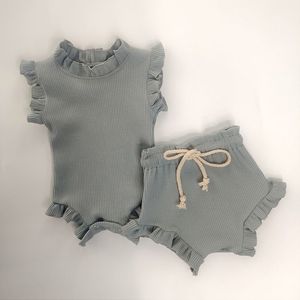 Bebé recién <span class=keywords><strong>nacido</strong></span> verano algodón infantil hoja de loto <span class=keywords><strong>pantalones</strong></span> mameluco conjunto ropa de bebé conjunto Top + pantalón - Product Image 5