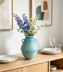 Vaso in Ceramica Blu <span class=keywords><strong>Turchese</strong></span> Goffrato con Doppio Manico, Stile Rustico Costiero, per Decorazione Casa e Tavola - Product Image 2