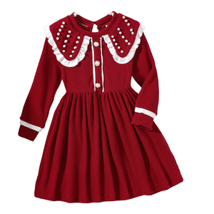Vestido de punto plisado con cuello vuelto y manga larga para niñas, elegante, con volantes florales, hasta la rodilla, corte en A, para otoño 2026, de 4 a 7 años, venta al por mayor - Product Image 2