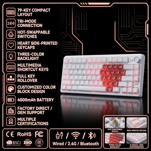 New Wireless USB Mechanical Keyboard 79 Keys RGB Hot Swap Heart Shaped Keycaps for Office PC