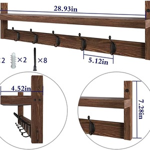 Wall Mounted Wooden Storage <b>Rack</b> With Hooks And <b>Shelf</b> For Entryway Living Room Bedroom Closet Organizer Punch Free Installation - Product Image 4