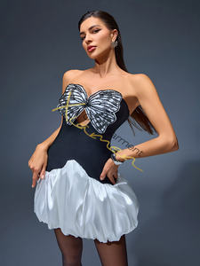 MF Noir Blanc Sans Bretelles Mini queue Robe Perle Brodée Papillon Droit Été Semi-Formelle Fête Tenue pour Club - Product Image 6