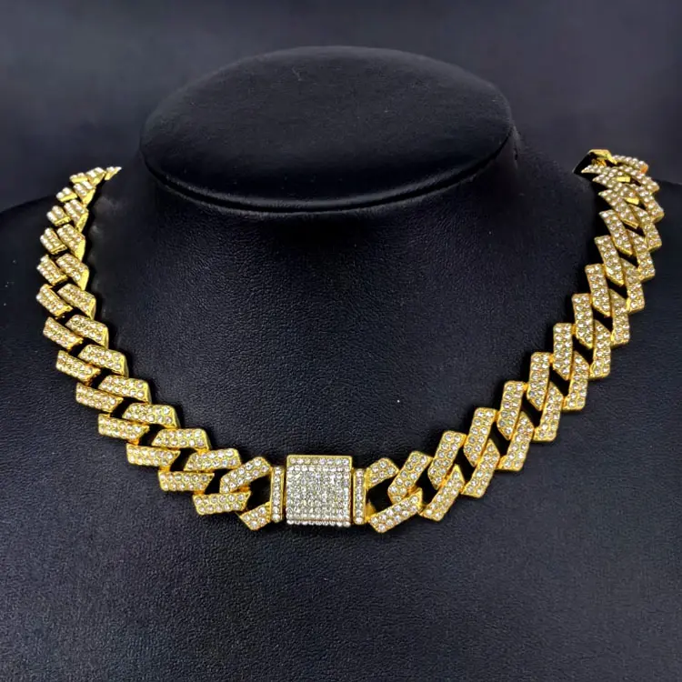 Gran barato oro hipoalergénico Hip Hop Moissanite Iced Out suelta Baguette cadena de eslabones cubanos 15mm collar joyería para hombres