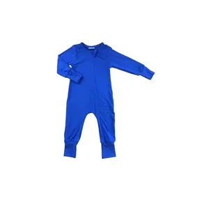 Vente en gros de barboteuses confortables en fibre de bambou de couleur unie bleu foncé de haute qualité toutes saisons pour bébé