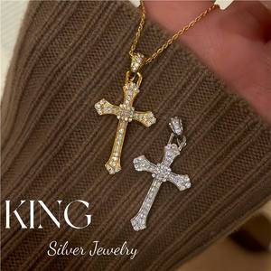 King Silver Cross Pendant Necklace With Diamond Prong Setting Unisex Everyday Wear - Product Image 2
