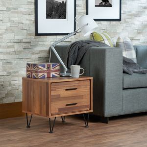 <b>Walnut</b> Finish Accent <b>Table</b> With Two Drawers And Metal Legs For Living Room Or Bedroom Use - Product Image 1
