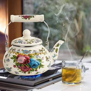Théière en acier inoxydable émaillé de 2,5 L avec poignée, compatible gaz et induction, design rétro floral coloré - Product Image 6