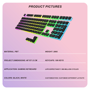 คีย์แคปแบบพุดดิ้งเรืองแสงด้านหลัง ผลิตตามสั่งจากโรงงาน วัสดุ PBT พิมพ์ลายด้านบน โปรไฟล์ OEM ชุดคีย์แคป 108 ปุ่ม แบบ Double Shot รองรับ Cherry MX - Product Image 2