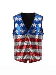 Gilet à paillettes pour homme, taille unique, étoiles et rayures scintillantes, drapeau américain rouge, blanc et bleu, pour les défilés, les fêtes et les costumes du 4 juillet - Product Image 3
