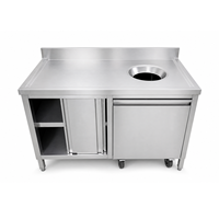 Meuble de cuisine en acier inoxydable avec porte coulissante, trou pour crédence et chariot de récupération des vaisselles sur roulettes