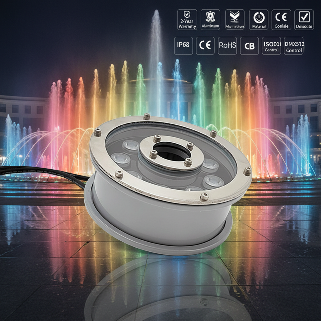 IP68 Waterproof RGB 30 Degree 48mm Centre Hole Aluminum Jet Nozzle LED Musical Pool Lights with Water Effect Fountain Lights