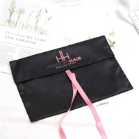 Sac à Perruque en Satin Noir Imprimé Logo Personnalisé avec Nœud, Pochette Anti-poussière pour Extensions de Cheveux et Vêtements
