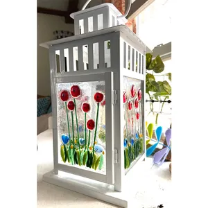 Panel kaca menyatu pola bunga poppy buatan tangan & lentera Framework besi tempa dekorasi rumah/taman