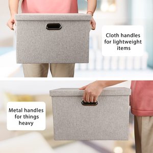 Wholesale <b>Large</b> Collapsible Stackable Beige Linen Fabric Storage <b>Bins</b> with Lids Closet Boxes Storage Organizer Container - Product Image 3