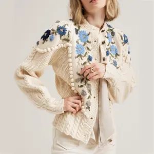 Kunden spezifischer Strick pullover Winter Loose Tricot Jacquard Damen Hand bestickte Strickwaren Vintage Cardigan Sweater für Damen