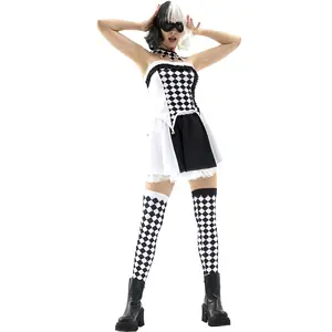 Baige женский костюм клоуна Хэллоуин Карнавальная Вечеринка черно-белое клетчатое платье
