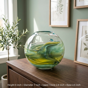 Maceta de Vidrio Transparente Hecha a Mano, Moderna, Redonda, con Diseño de Espiral Verde y Amarillo, Decorativa para Mesa - Product Image 2