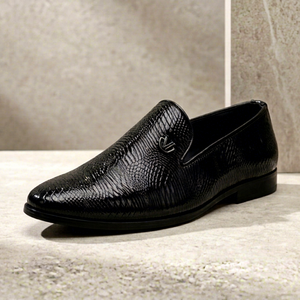 Premium Textured Black Slip-On Loafers with <b>Flat</b> <b>Sole</b> and Square Toe, Elegant Office Dress <b>Shoes</b> for Business, Formal Events - Product Image 1