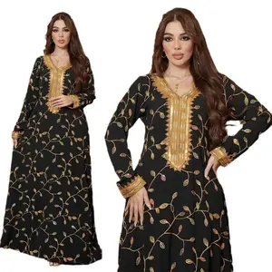 Abaya terbaru desain Dubai V-Neck lengan panjang pola bordir potongan emas wanita Dubai Abaya