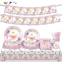 Vaisselle jetable sur le thème des fleurs et des papillons roses, assiettes en papier, nappe, serviettes, drapeaux, couteaux, fourchettes, cuillères pour fête d'anniversaire de fille
