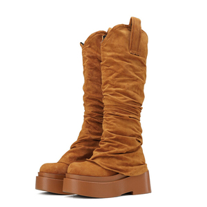 Botas Altas de Plataforma Gruesa de Ante con Tacón Plano y Punta Cuadrada, Botines Largos Plisados para Mujer, Talla Grande 44, con Superposición hasta la Rodilla - Product Image 5