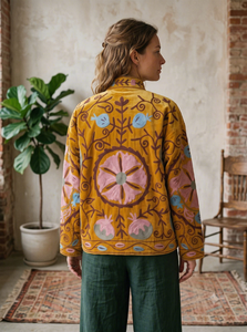 Mustard Yellow Suzani Embroidered <b>Jacket</b> <b>Men</b> And Women Handmade Mustard Yellow Floral Suzani Boho Outerwear Artisan Embroidered - Product Image 2