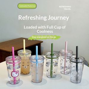 Gobelet en plastique transparent de 450 ml avec paille, design moderne, populaire sur internet, tasse haut de gamme pour café et thé au lait, mug de bureau avec logo - Product Image 2