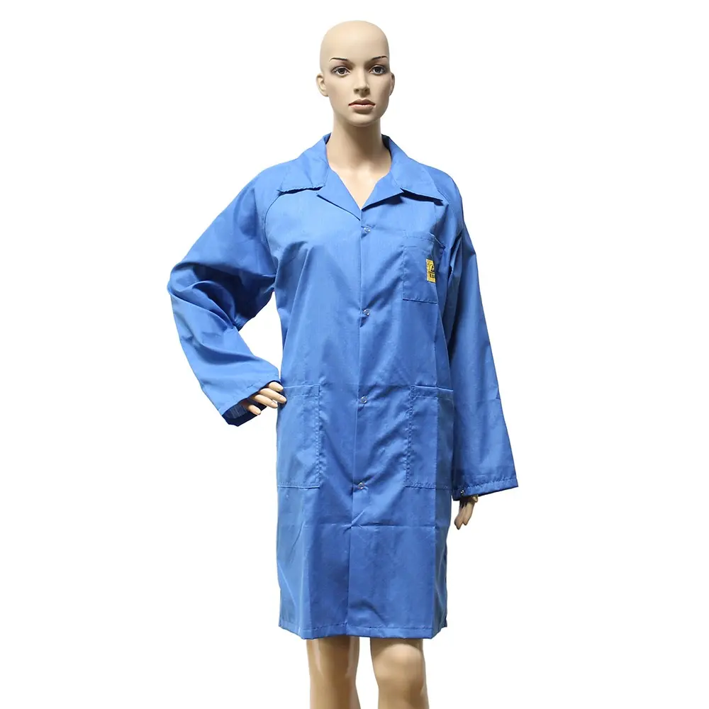 ผ้านําไฟฟ้า ESD คอวีสม็อคผ้าฝ้าย Labcoat สม็อคป้องกันไฟฟ้าสถิตย์ 5 มม. ตารางสีฟ้าคลีนรูมเสื้อผ้าผ้าฝ้ายเสื้อคลุม ESD เสื้อผ้า