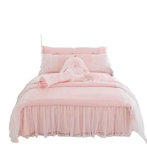 4 Piece White Cotton Bed Skirt With Lace Edge Princess Style Bedding