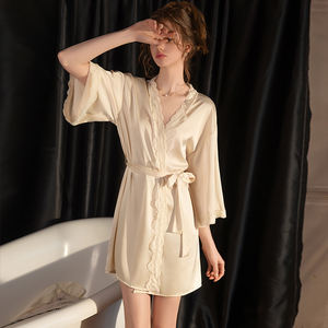 Abiti da donna in seta larga per la casa pigiama Sexy con chiusura in vita elastica in pizzo tinta unita <span class=keywords><strong>vestaglia</strong></span> estiva accappatoio - Product Image 2