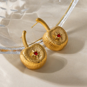 Cherry Shape Gold Plated <b>Drop</b> <b>Earrings</b> With <b>Red</b> Stone For Women Fashion Jewelry - Product Image 4