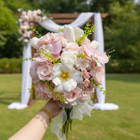 Buket Tulip Ikat Tangan Warna Pink, Teknik Flocking Kain Sutra untuk Properti Fotografi Pernikahan, Bunga Artifisial Gaya Korea