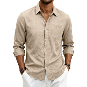 Chemise en lin à manches longues pour homme, couleur unie, avec poche, décontractée, respirante, printemps automne - Product Image 3