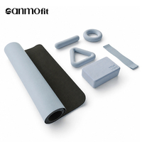 Kit de fitness à domicile 6-en-1 personnalisé avec logo : Tapis de yoga, bloc, haltères en silicone, barre, anneau triangulaire et bande de résistance – Bleu OEM